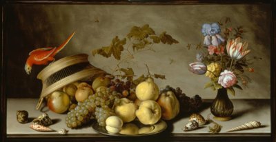Stilleven met peren, perziken, appels op tinnen bord door Balthasar van der Ast